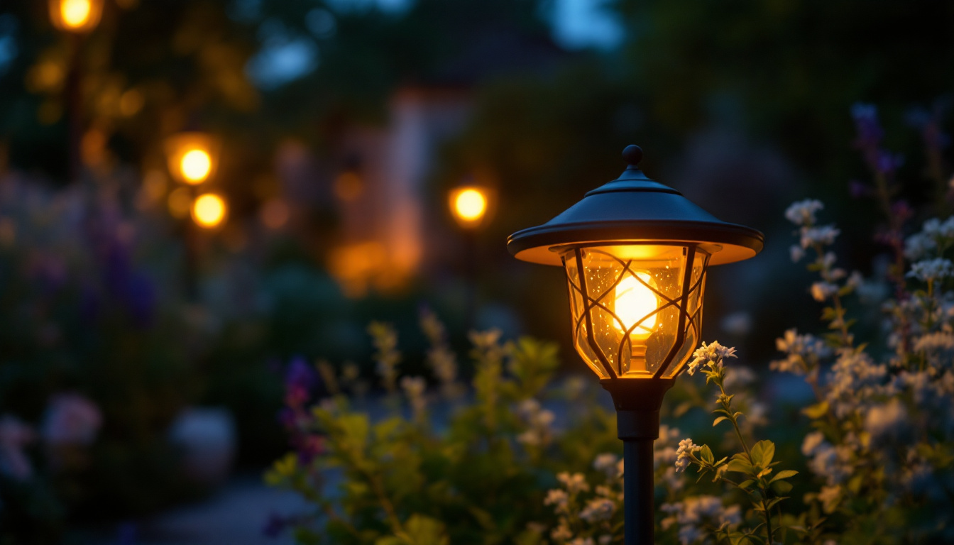 A photograph of a beautifully illuminated outdoor solar light in a serene garden setting at dusk