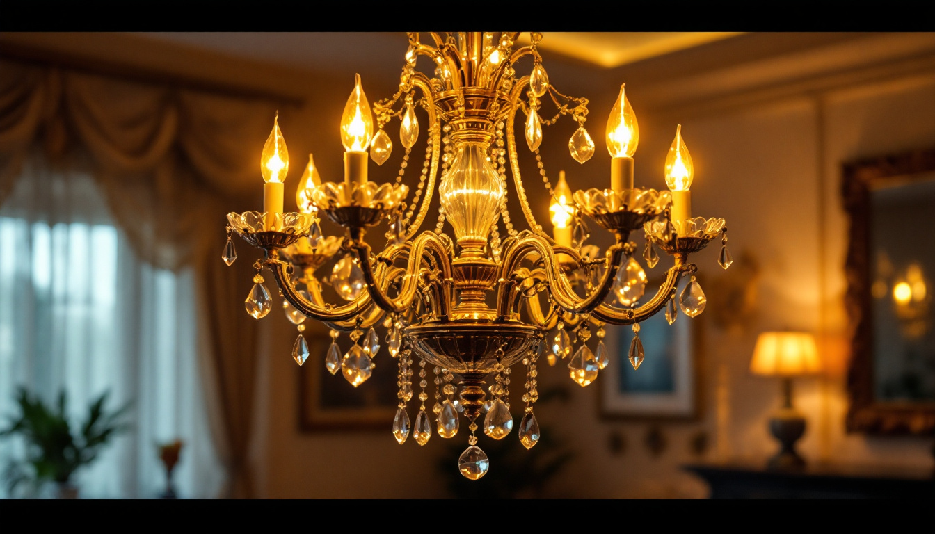 A photograph of a beautifully designed chandelier illuminated in a stylish room