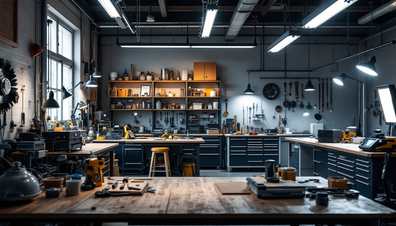 A photograph of a well-lit workshop space showcasing various types of workshop lights in use