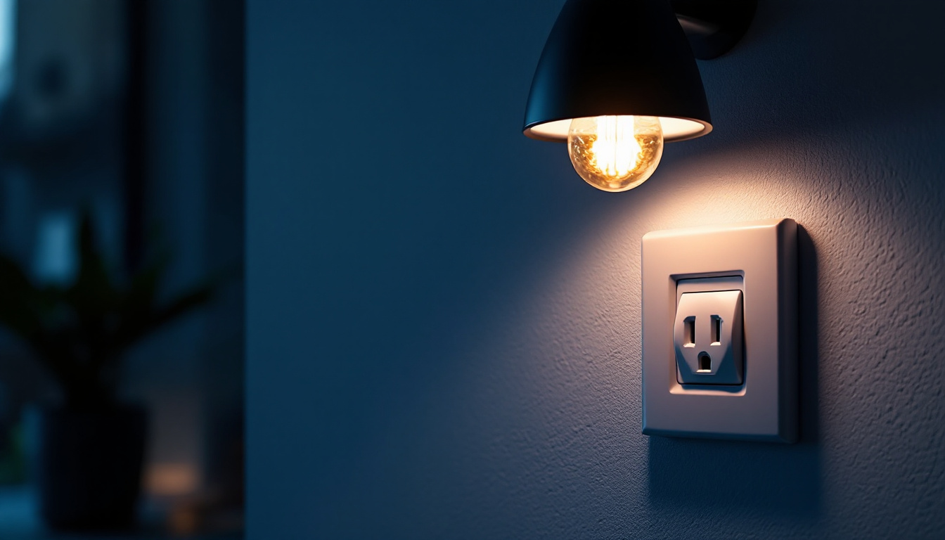 A photograph of a close-up of a modern wall outlet with a stylish light fixture illuminated above it