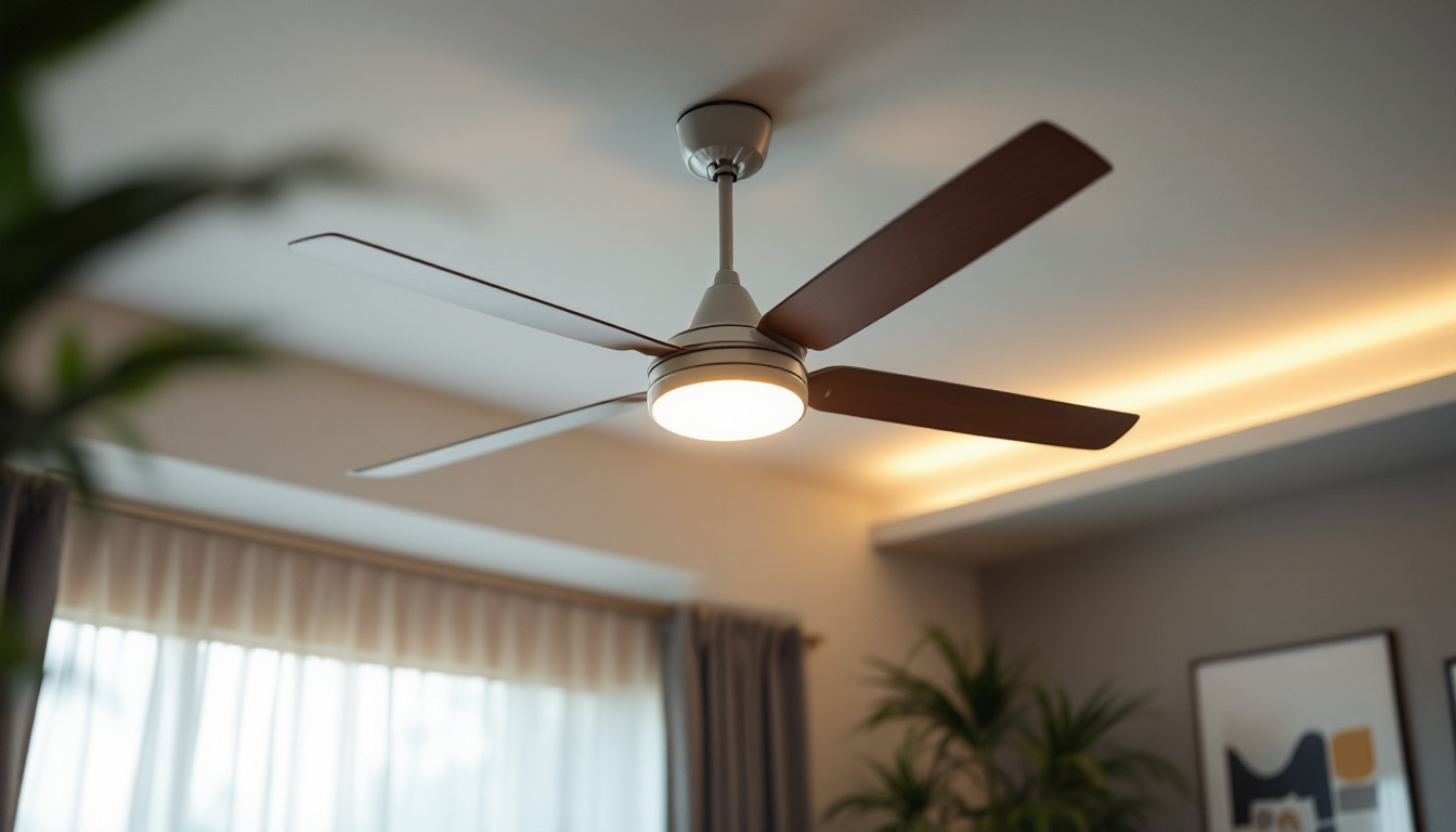 A photograph of capture a photograph of a stylish ceiling fan with integrated lighting