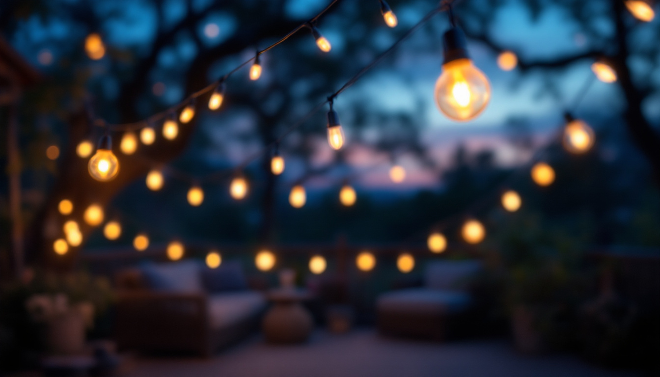A photograph of capture a photograph of a beautifully arranged set of led string lights draped elegantly across a cozy outdoor setting
