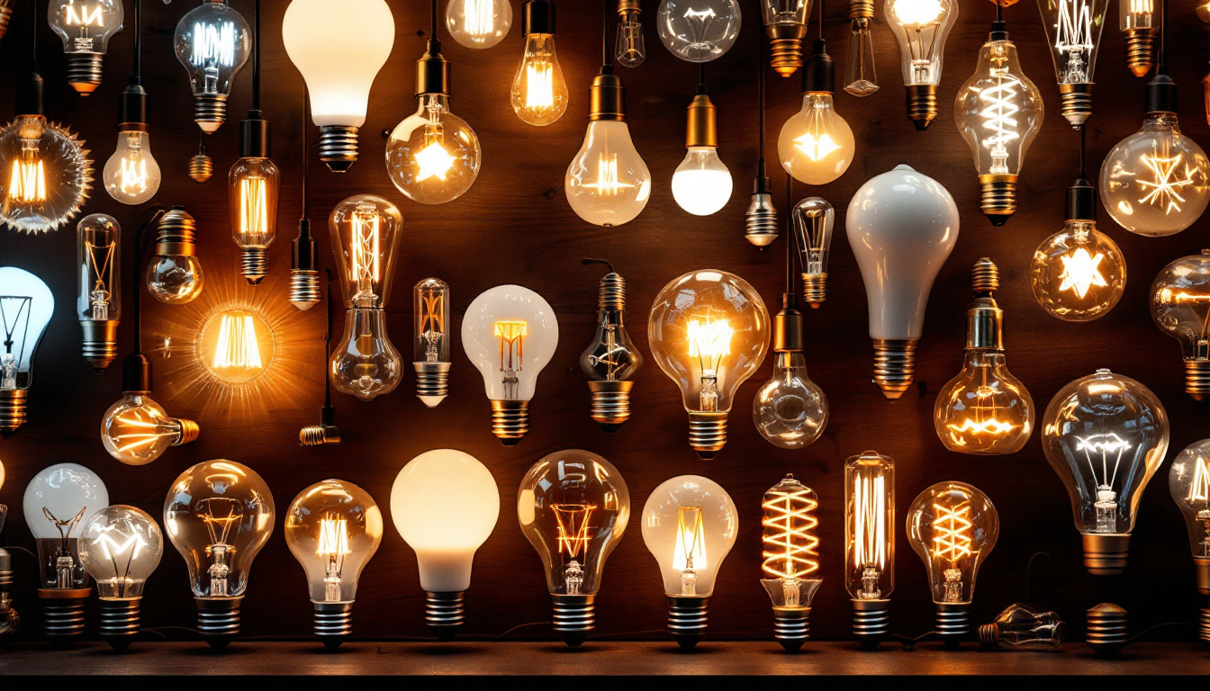 A photograph of a beautifully arranged display of various types of lightbulbs