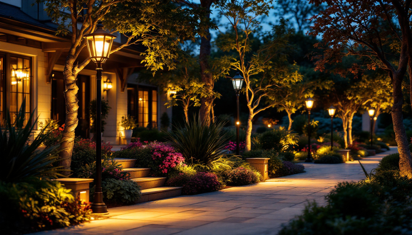 A photograph of a beautifully illuminated outdoor space featuring various styles of post lights