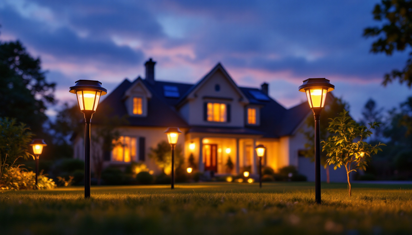 A photograph of a beautifully illuminated yard at dusk