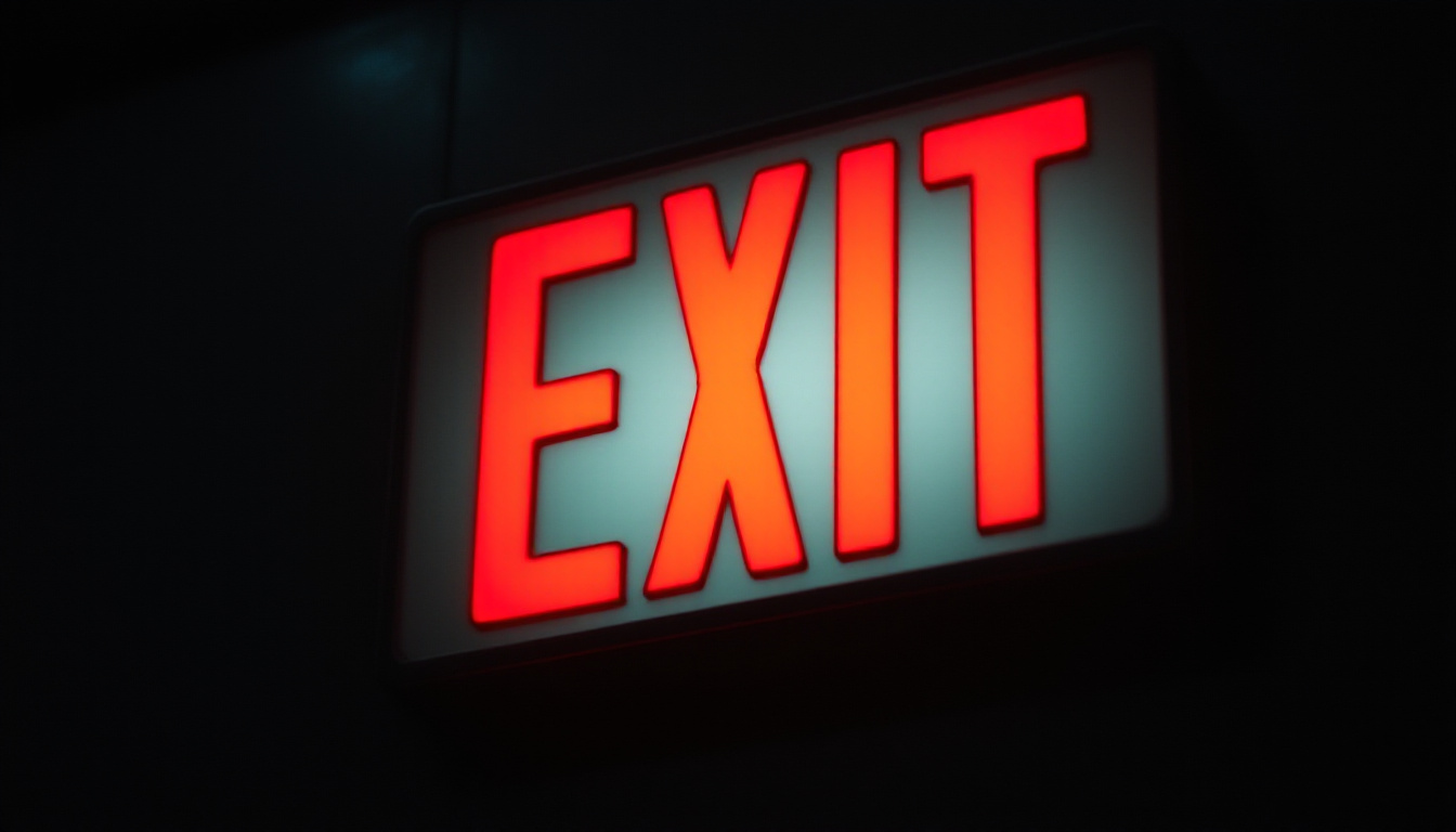 A photograph of a well-lit exit sign in a dimly lit environment