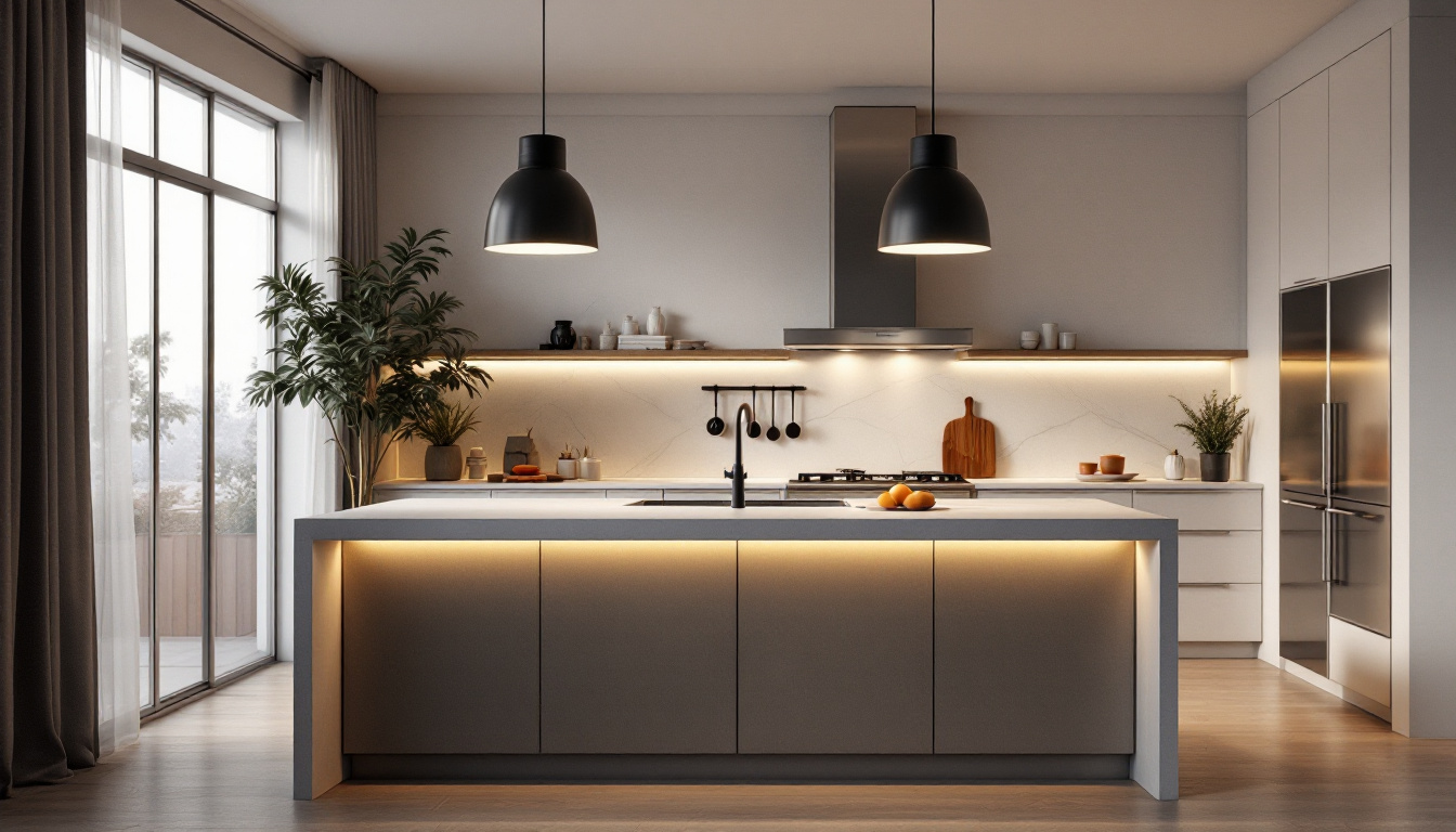 A photograph of a beautifully designed kitchen island illuminated by stylish pendant lights