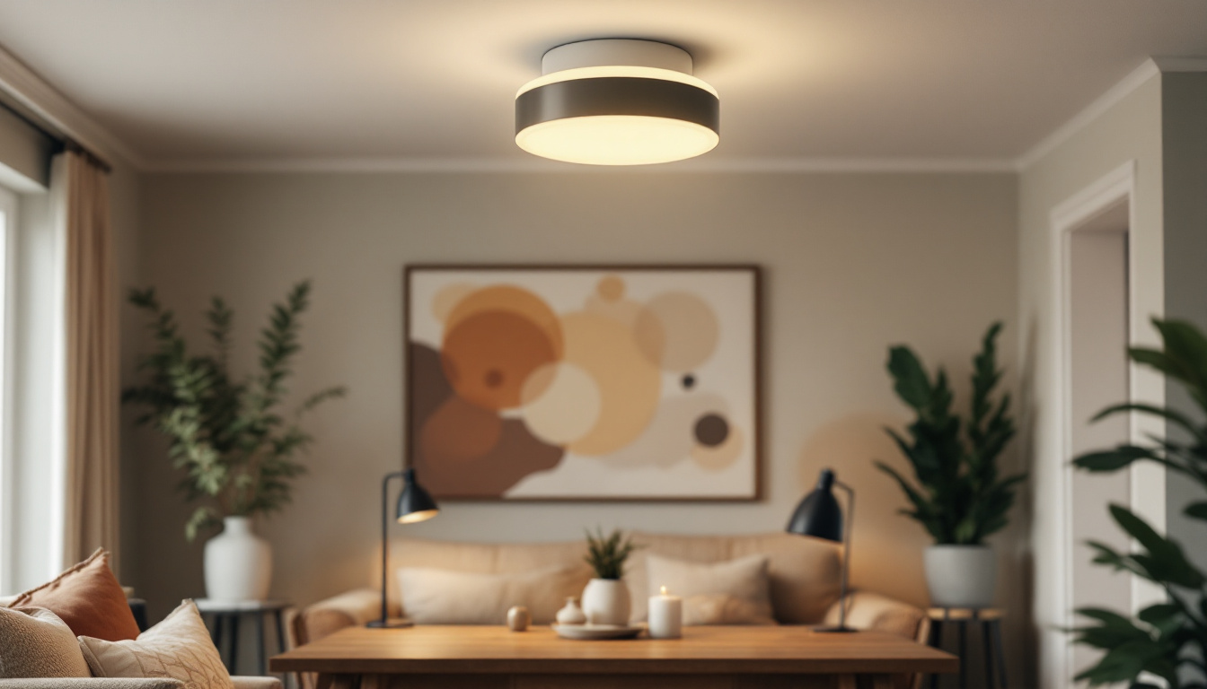 A photograph of a stylish flush mount light fixture installed in a well-decorated room