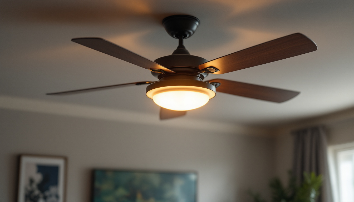 A photograph of a stylish ceiling fan with an integrated light fixture