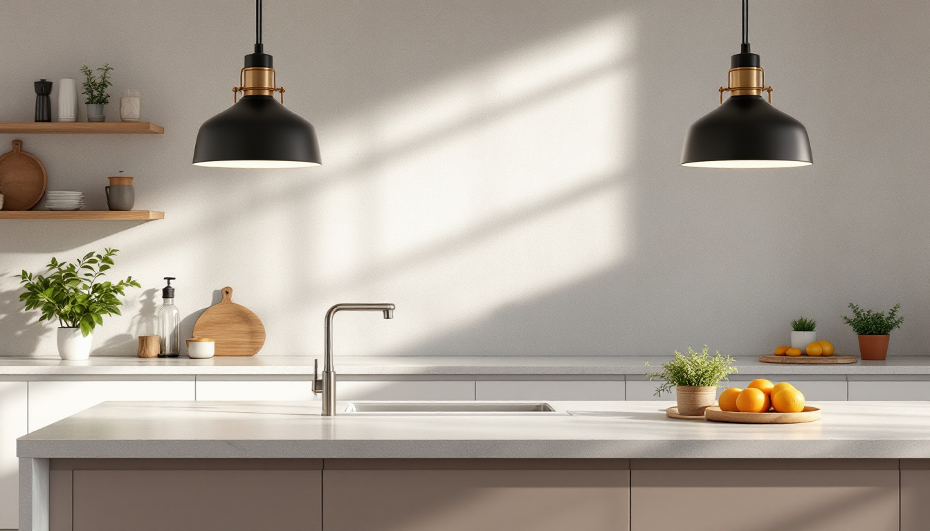 A photograph of a beautifully designed kitchen featuring stylish hanging lights that highlight the space