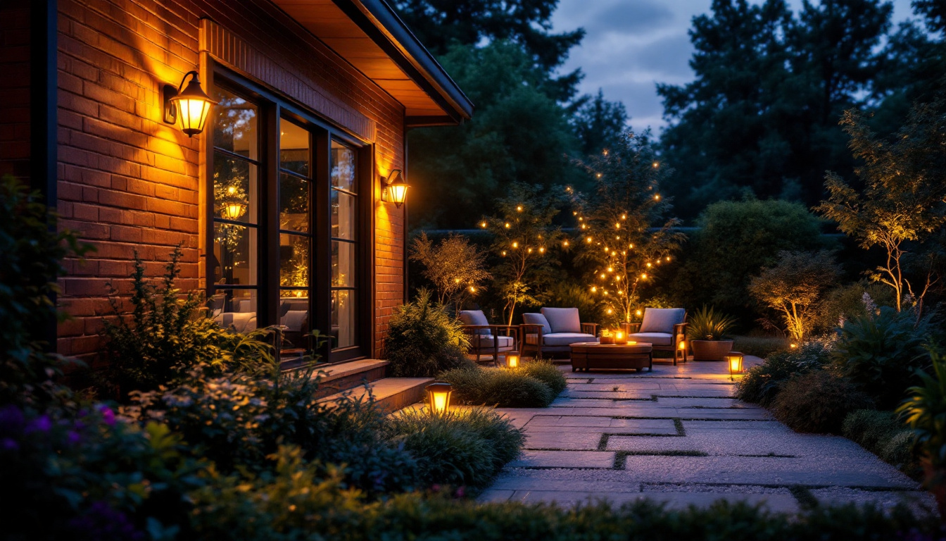 A photograph of a beautifully illuminated outdoor space featuring solar-powered lights