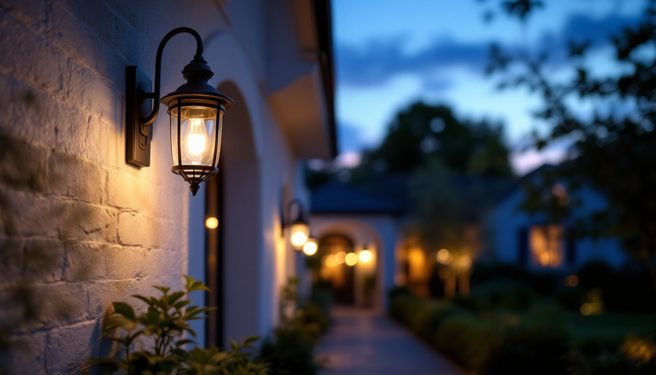 A photograph of a beautifully designed exterior light fixture illuminating a charming entryway or garden pathway at dusk