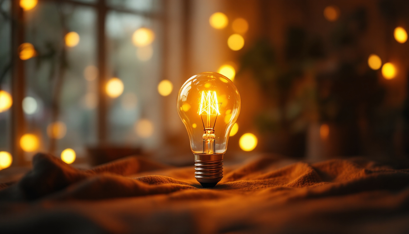 A photograph of a glowing a19 bulb in a cozy