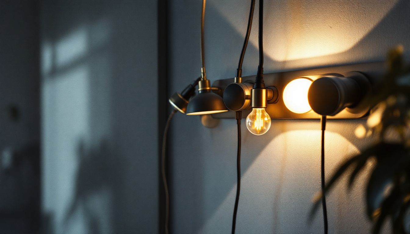 A photograph of a modern power outlet with various types of lighting fixtures plugged in