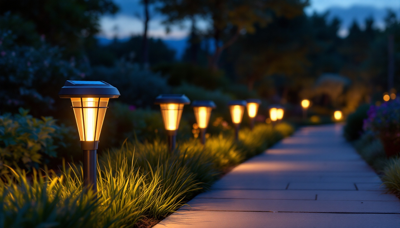 A photograph of a serene outdoor scene at dusk featuring a pathway illuminated by stylish solar path lights