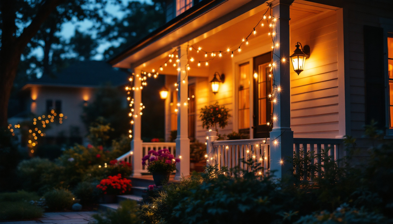 A photograph of capture a photograph of a beautifully illuminated outdoor porch featuring stylish porch lights