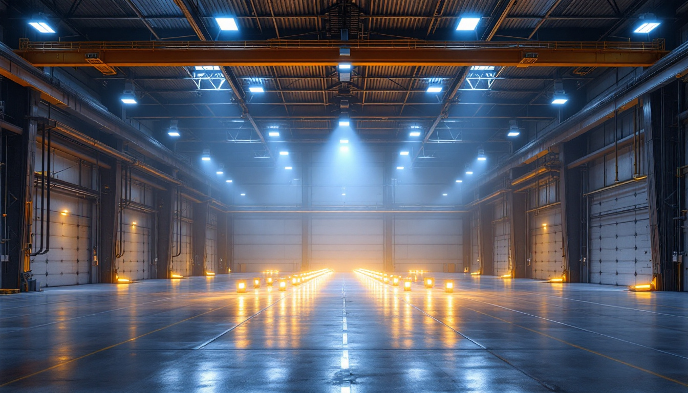 A photograph of a spacious industrial setting illuminated by high bay led lights