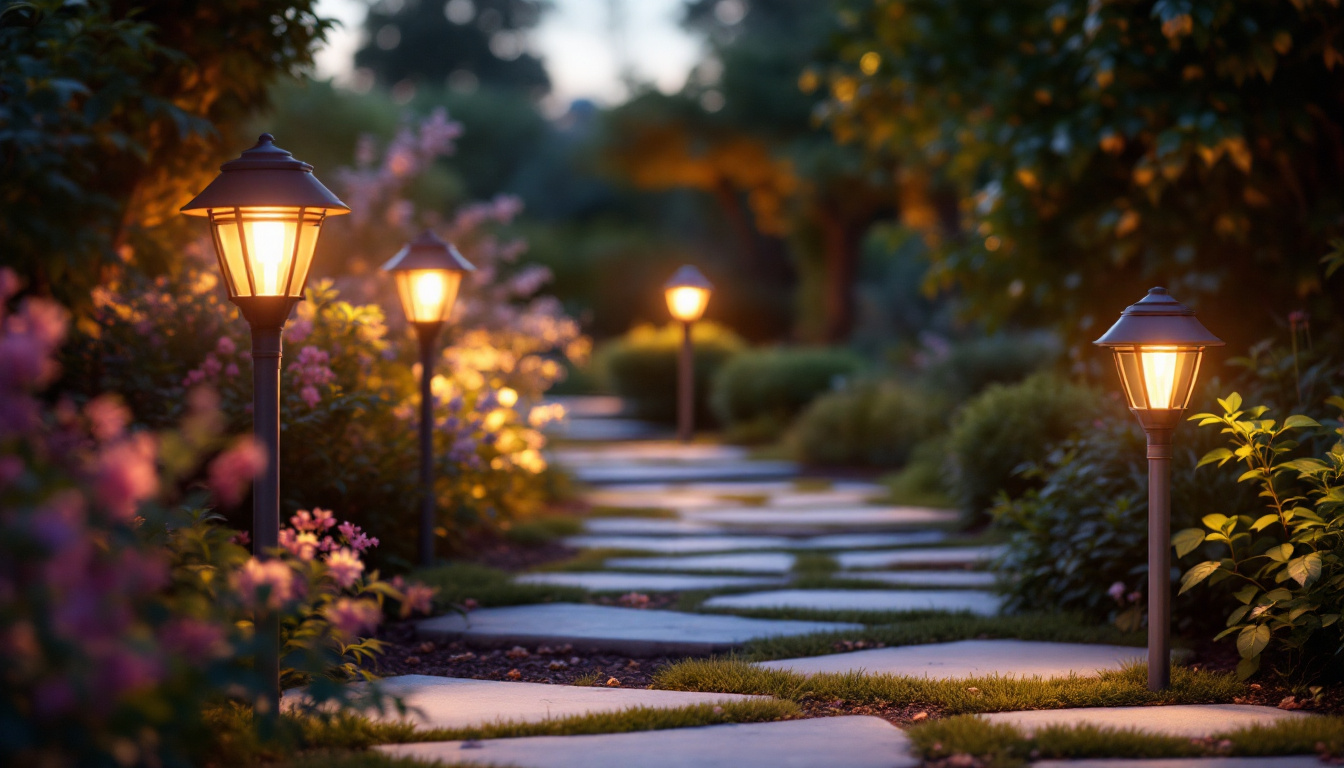 A photograph of capture a photograph of a beautifully illuminated garden or pathway featuring various styles of solar landscape lighting