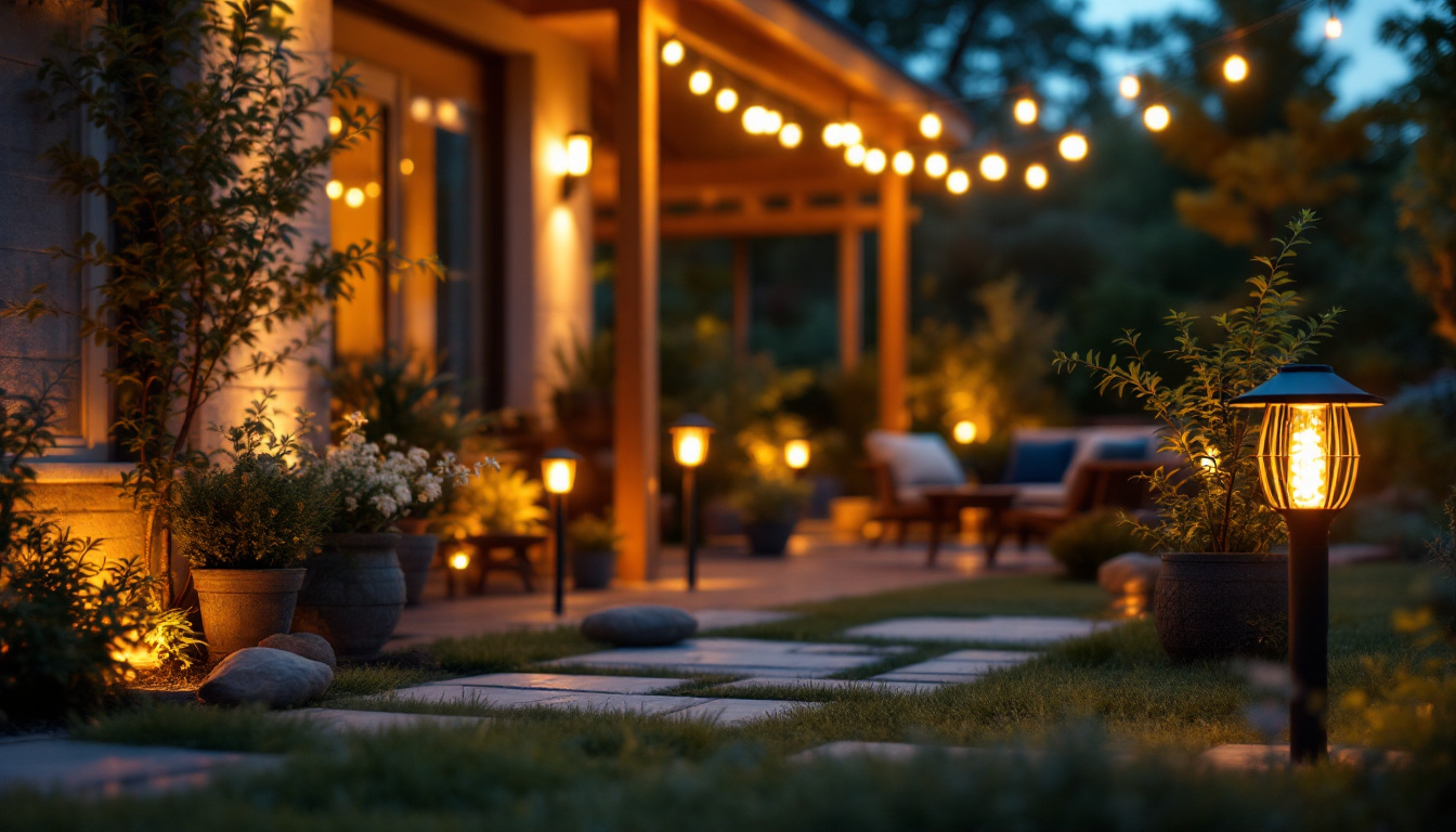 A photograph of a beautifully illuminated outdoor space featuring various styles of solar exterior lights in use during twilight