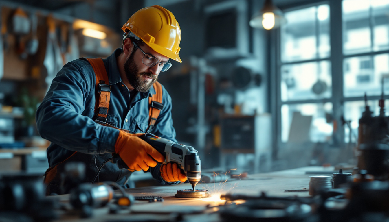 A photograph of a skilled worker using electric tools in a well-organized