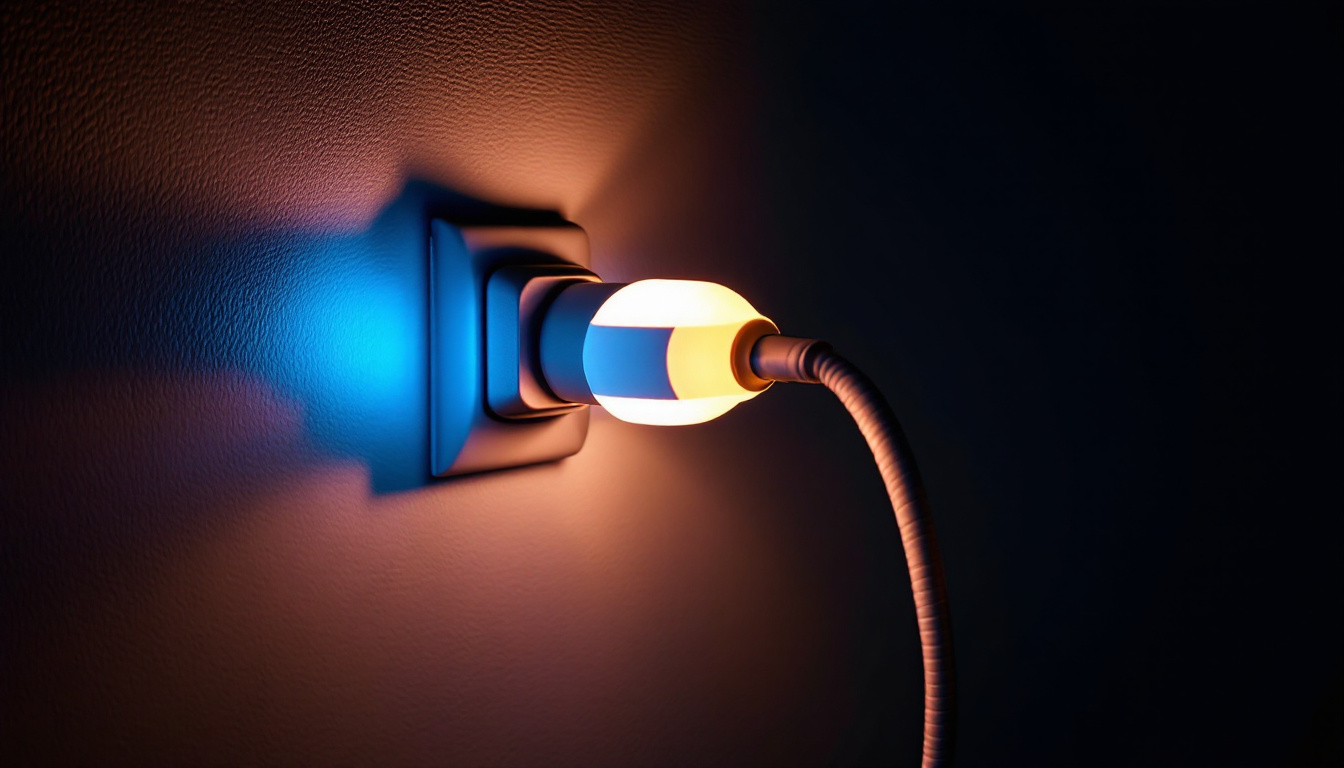 A photograph of an electric outlet with a stylish light fixture plugged in