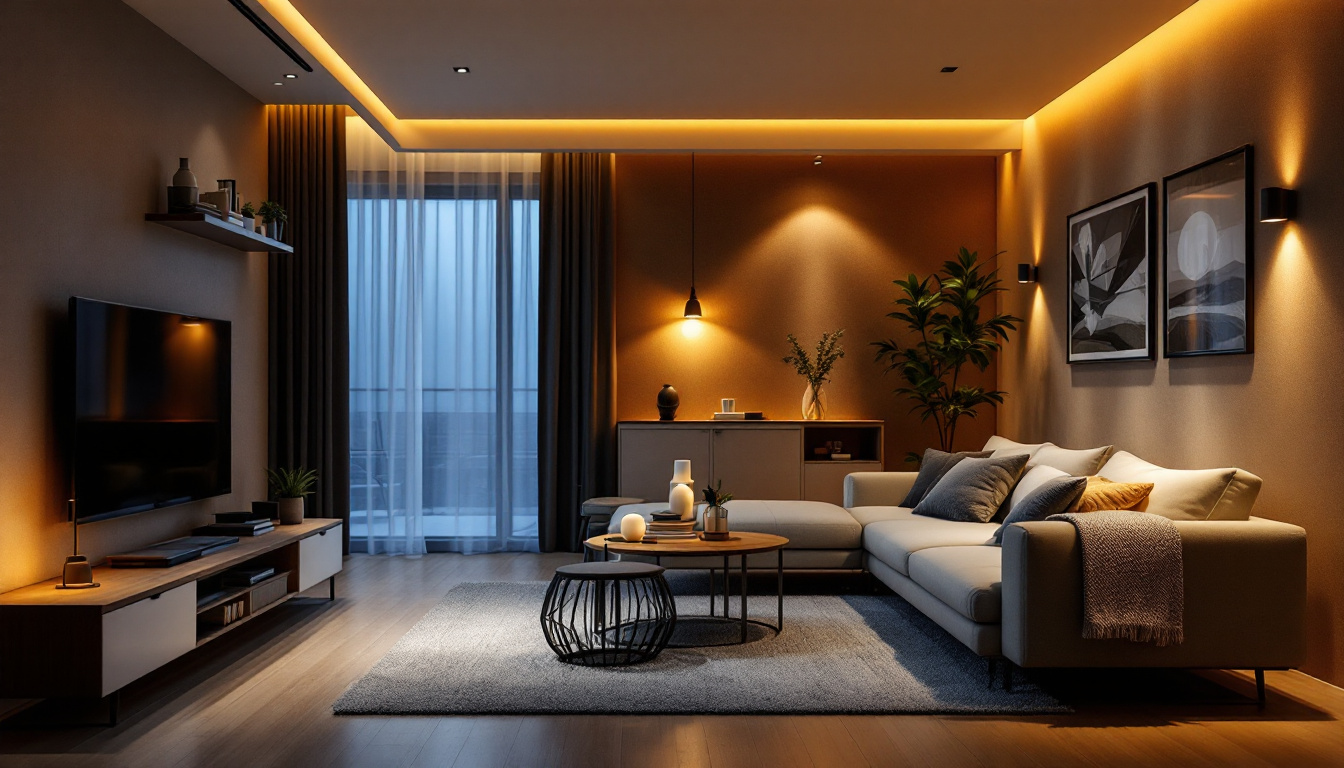 A photograph of a modern living space illuminated by various styles of led light fixtures