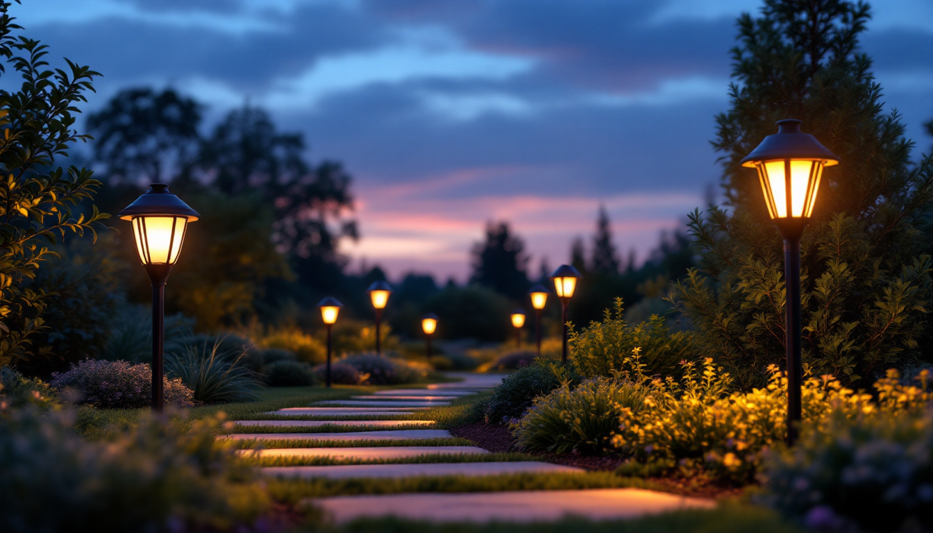 A photograph of a beautifully illuminated garden scene at dusk