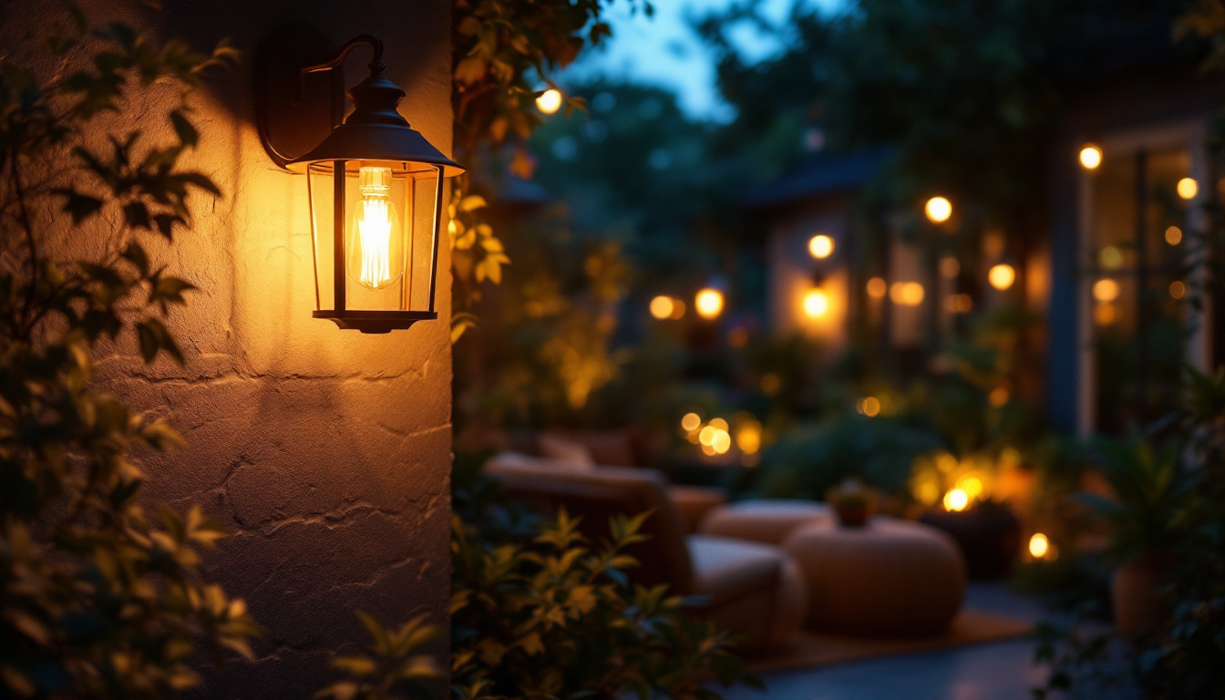 A photograph of a beautifully designed outdoor light fixture illuminating a cozy patio or garden setting during twilight
