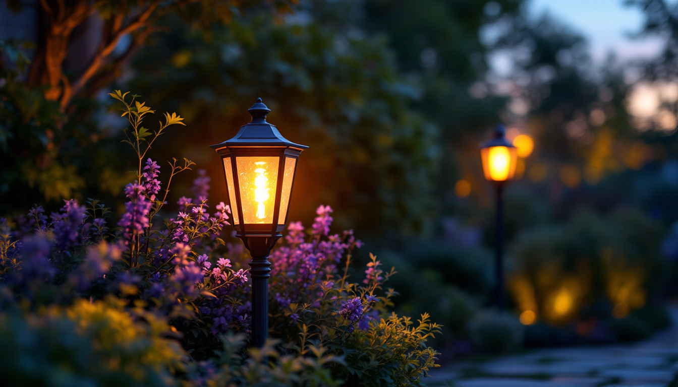 A photograph of an elegant outdoor lamp illuminated at dusk