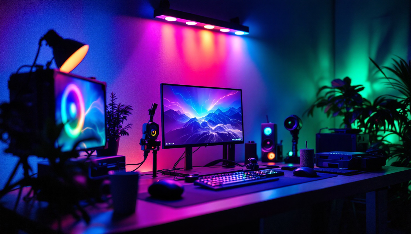 A photograph of a vibrant rgb lighting setup in a dimly lit environment