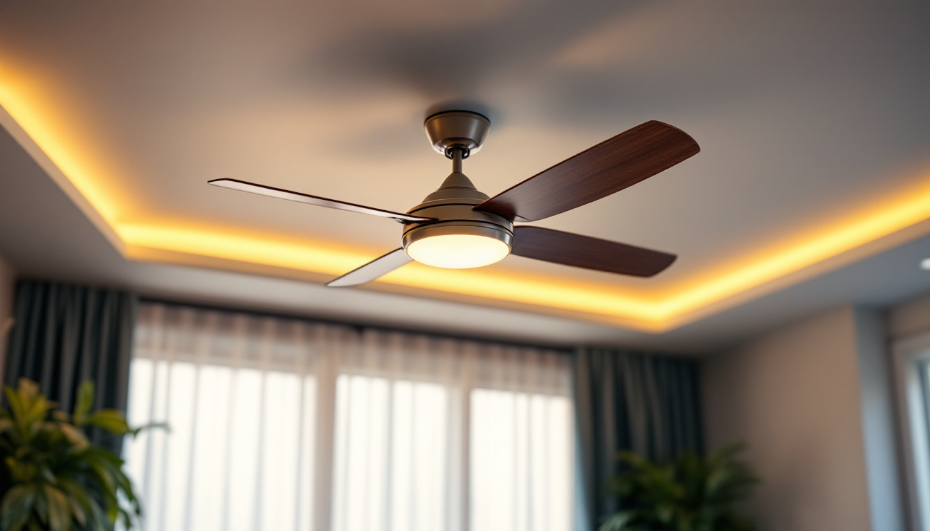 A photograph of a beautifully designed ceiling fan with integrated lighting features