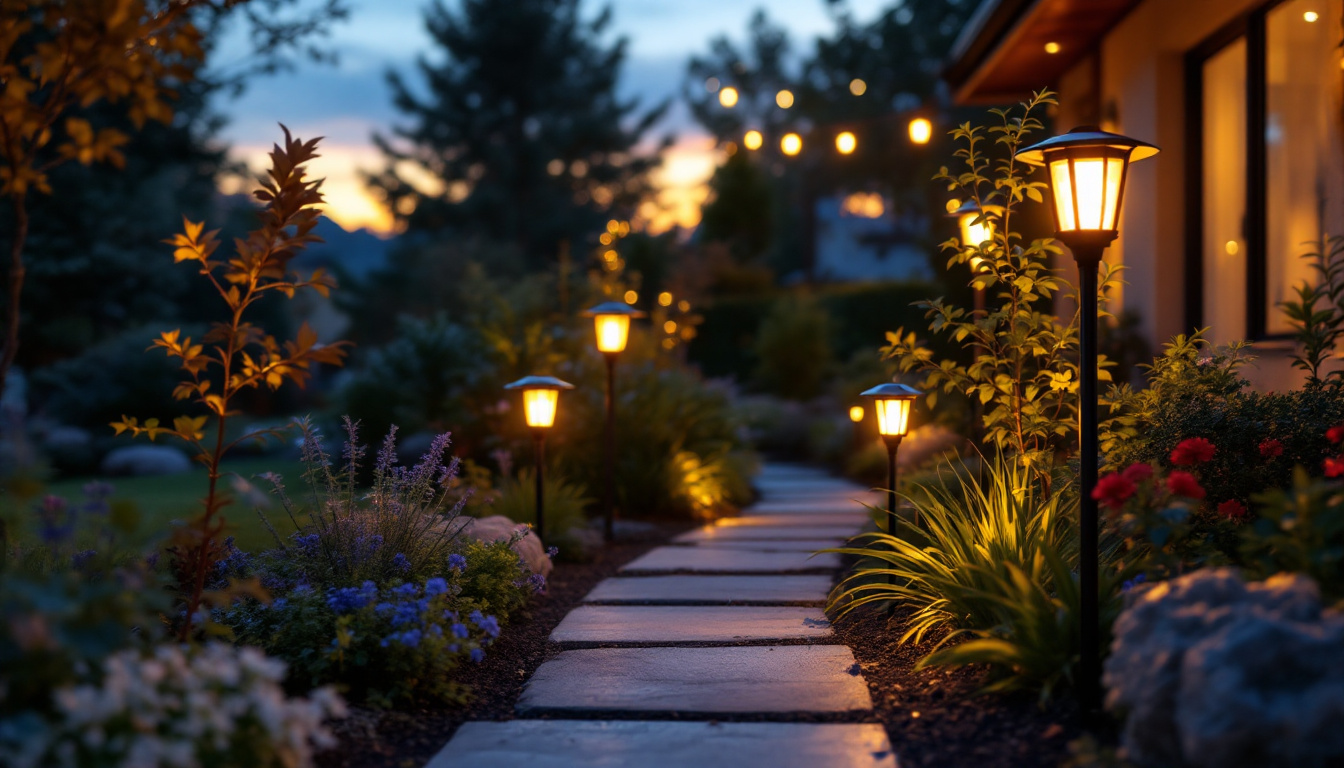 A photograph of a beautifully illuminated outdoor space featuring various styles of solar lights in use