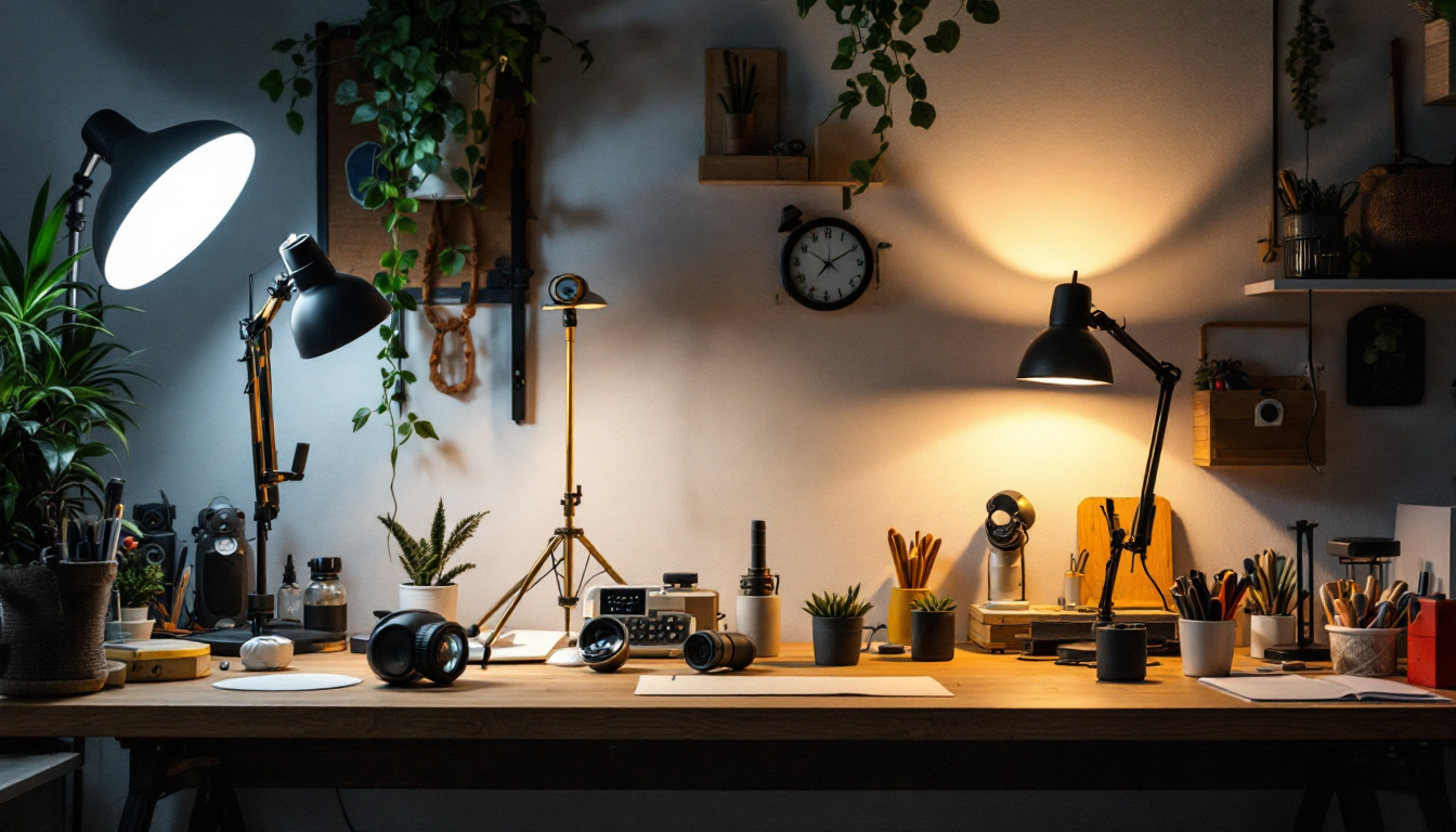 A photograph of a well-lit workspace featuring various types of work lights in use