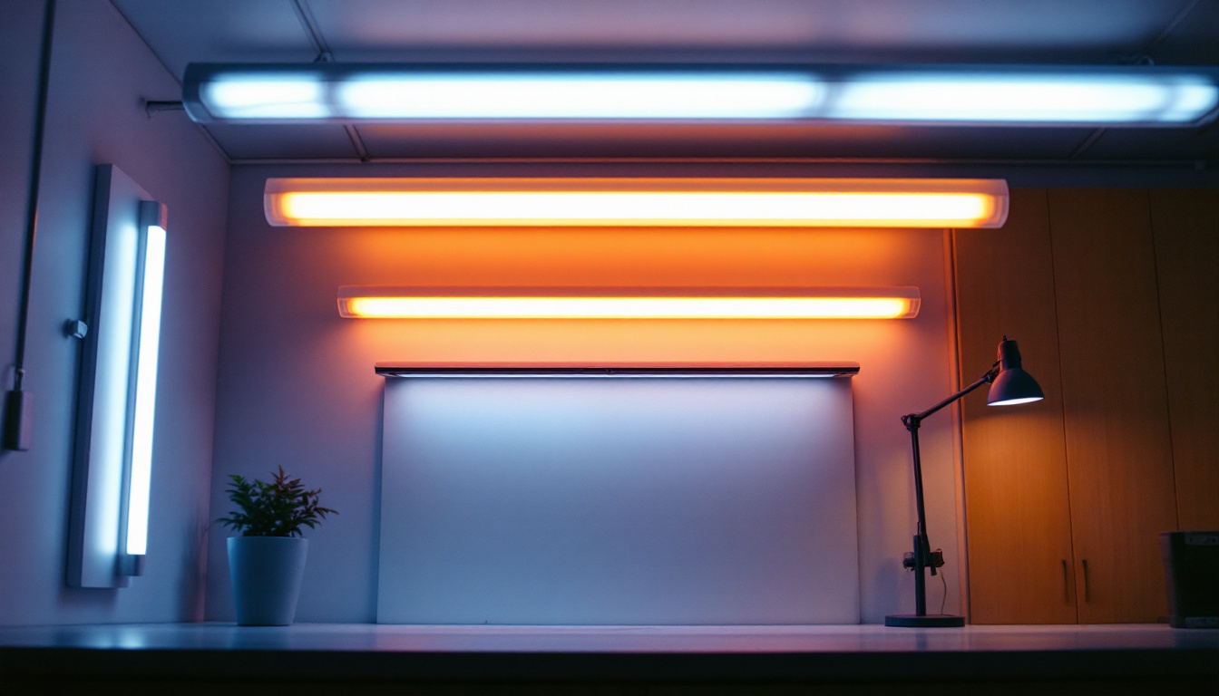 A photograph of capture a photograph of a brightly lit room showcasing various fluorescent light fixtures in use