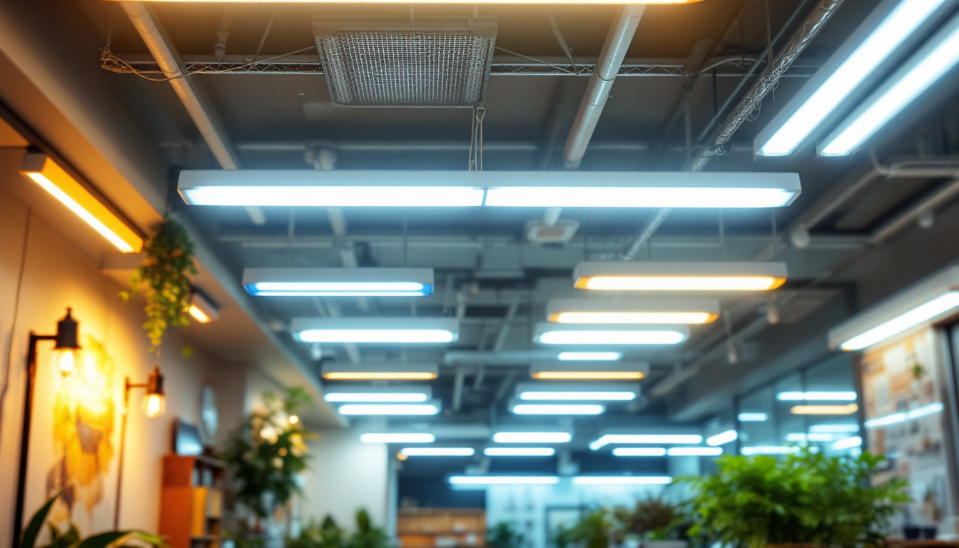 A photograph of a well-lit indoor space showcasing a variety of fluorescent light fixtures in use