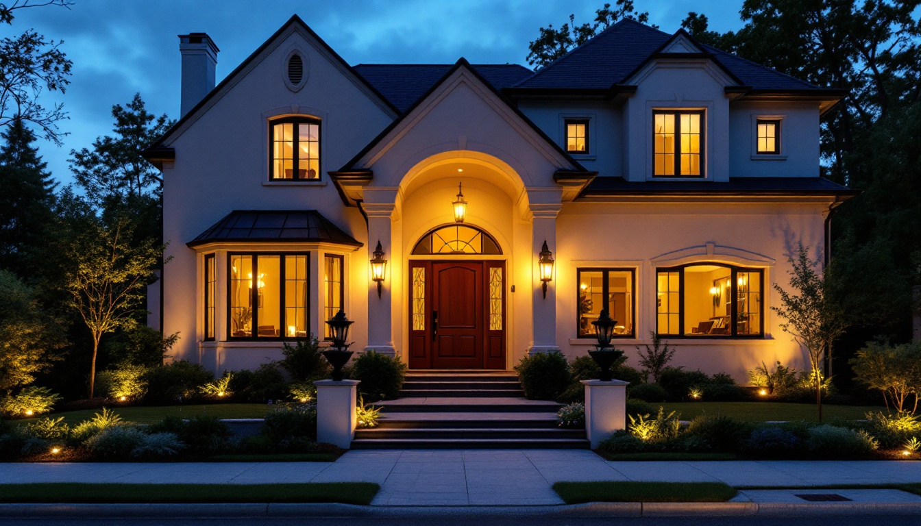 A photograph of a beautifully illuminated exterior of a house at dusk
