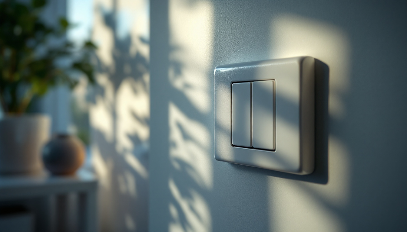 A photograph of a well-lit interior scene featuring a three-way light switch in action
