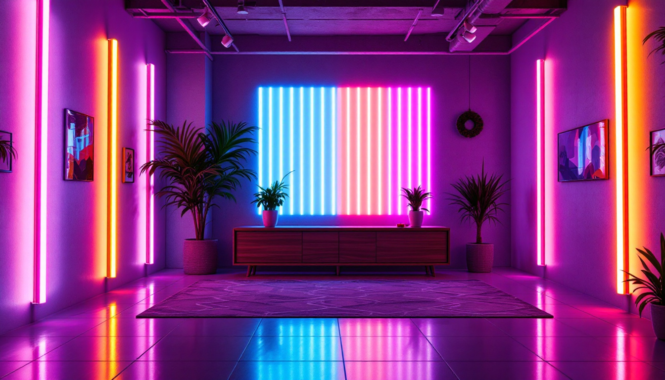 A photograph of a beautifully illuminated space featuring strip lights in various colors and designs