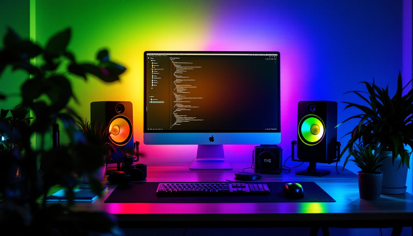 A photograph of a vibrant rgb light setup illuminating a creative workspace