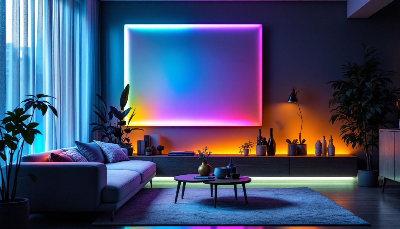 A photograph of a vibrant led light strip illuminating a stylish indoor setting