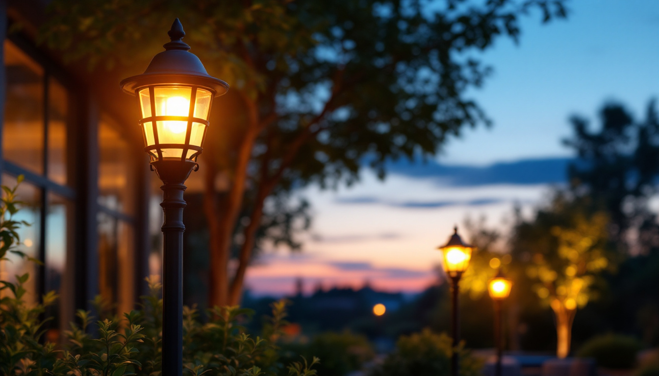 A photograph of a beautifully illuminated outdoor space featuring stylish post lights