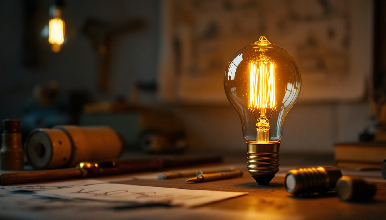 A photograph of a vintage-style light bulb glowing warmly in a dimly lit setting