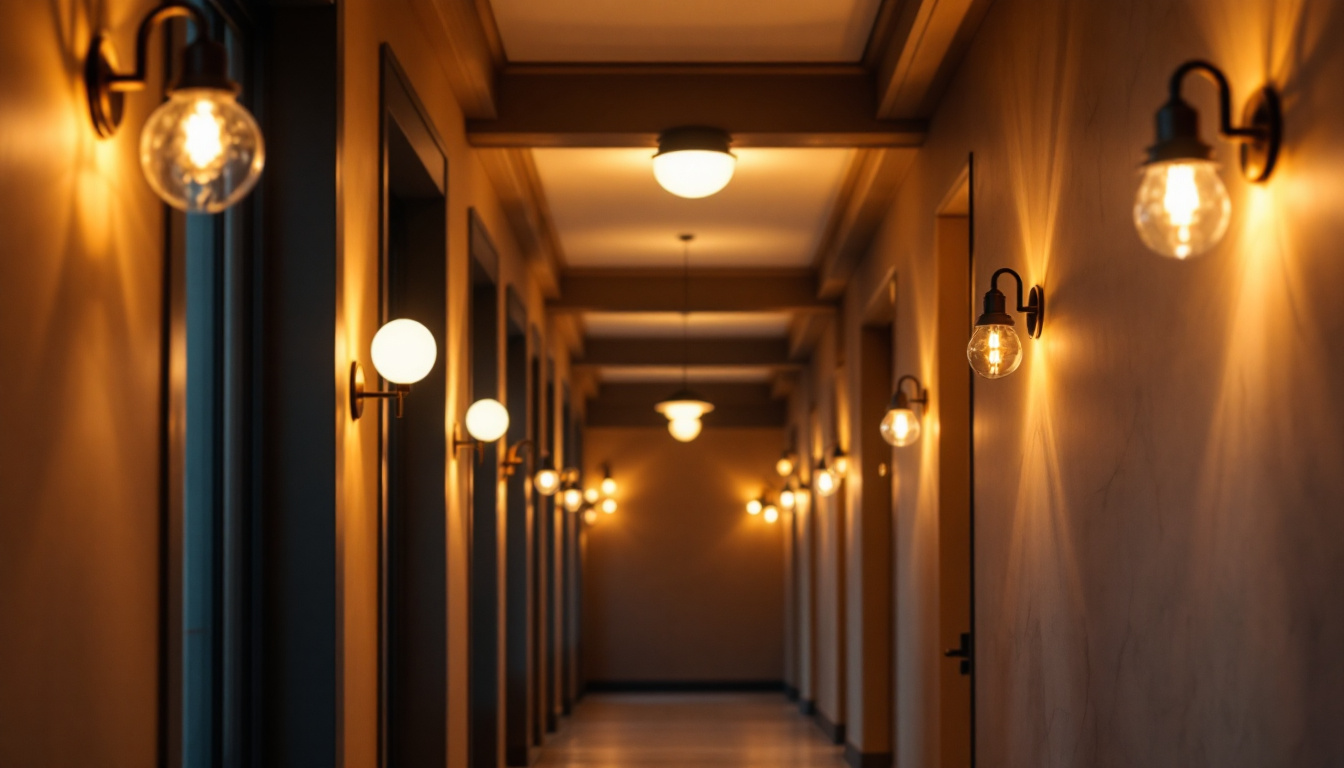 A photograph of a stylish hallway featuring a variety of light fixtures