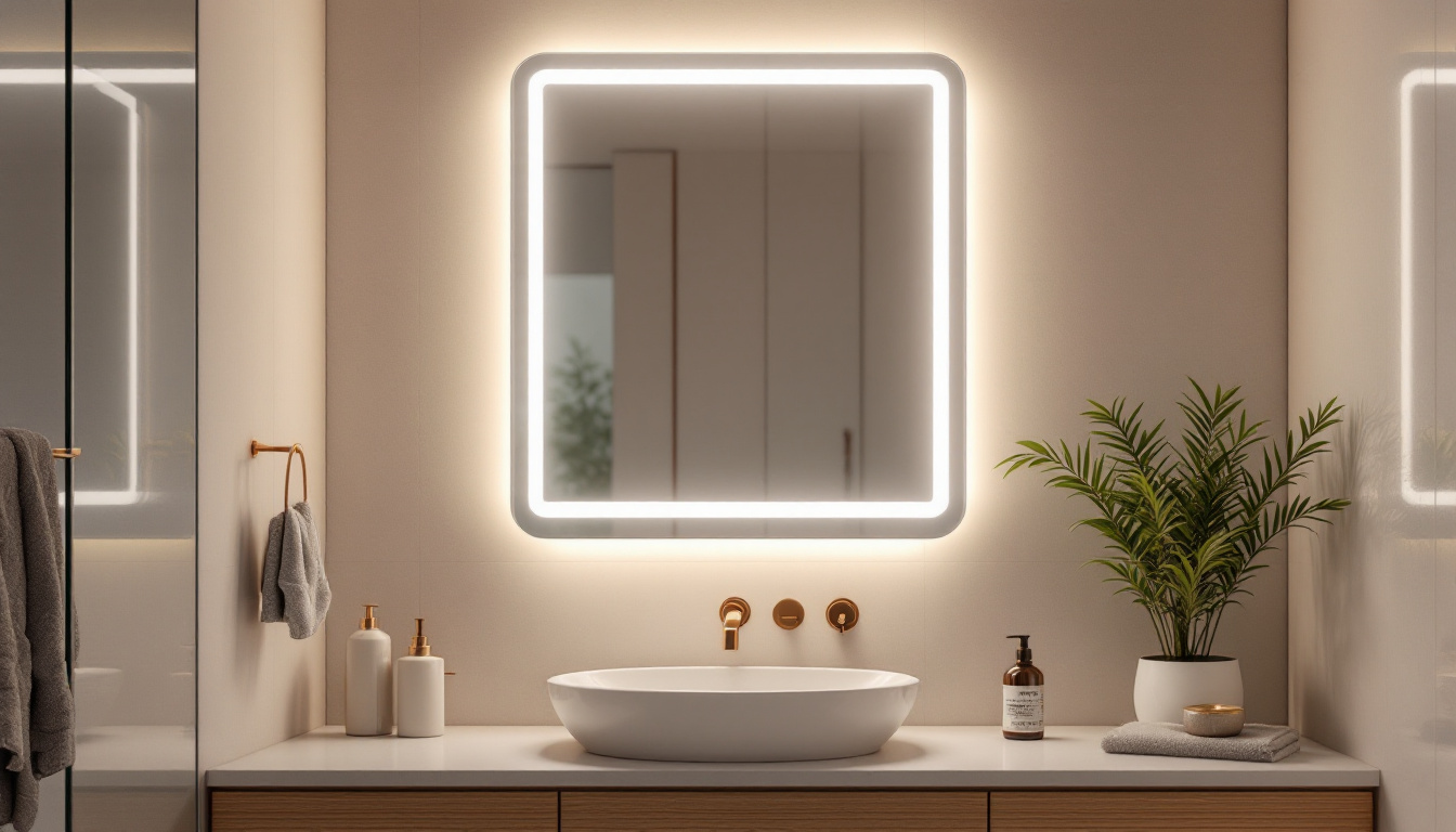 A photograph of a beautifully designed led mirror in a stylish bathroom setting