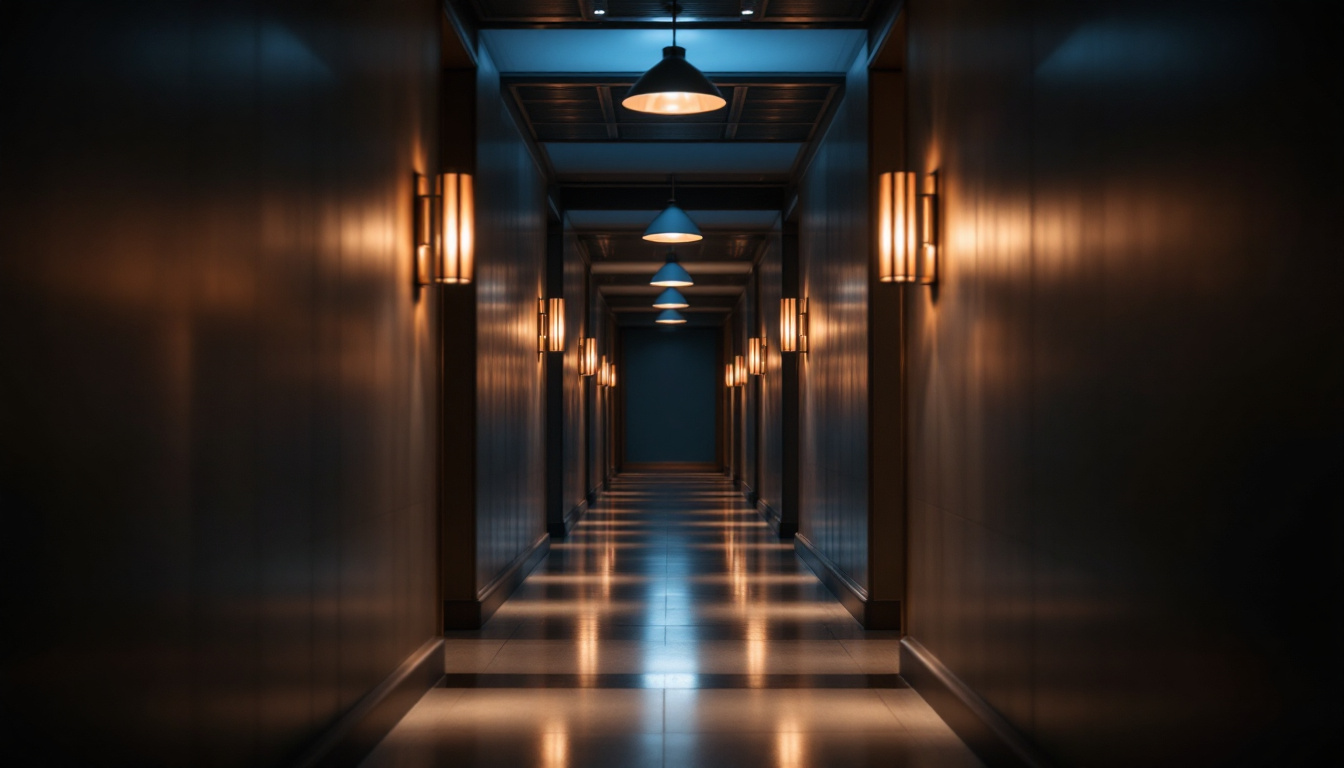 A photograph of a beautifully illuminated hallway featuring stylish light fixtures that highlight the architectural details and create a warm