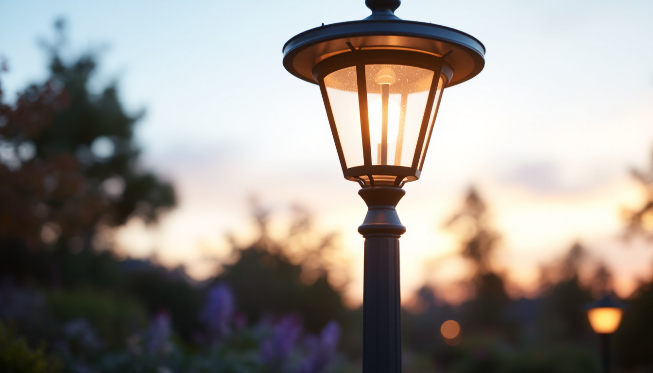 A photograph of a beautifully designed outdoor post light fixture illuminated at dusk