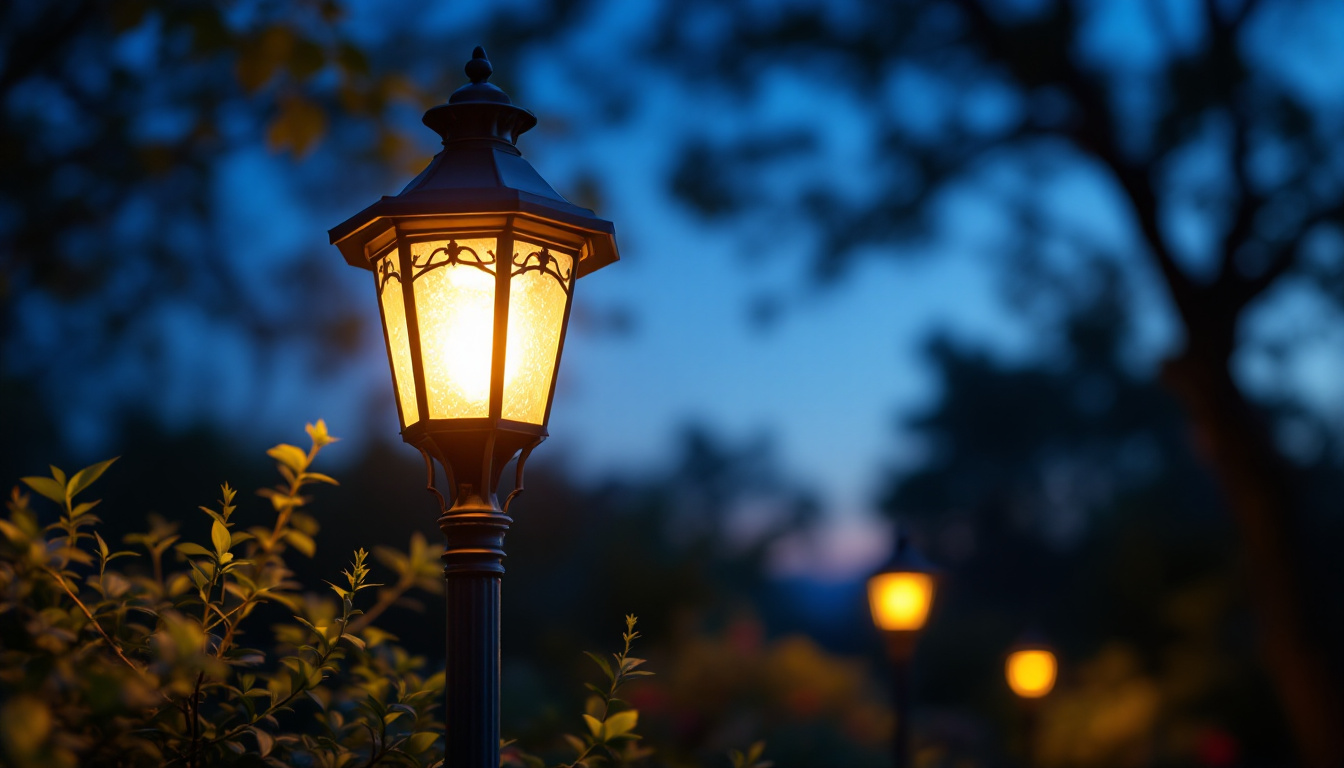 A photograph of a beautifully designed outdoor post light illuminating a pathway or garden at dusk