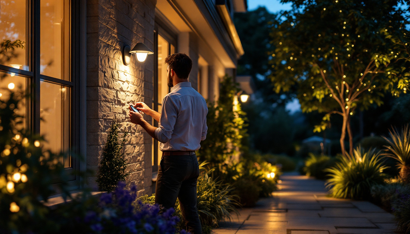 A photograph of a beautifully illuminated outdoor space featuring motion sensor lights in action