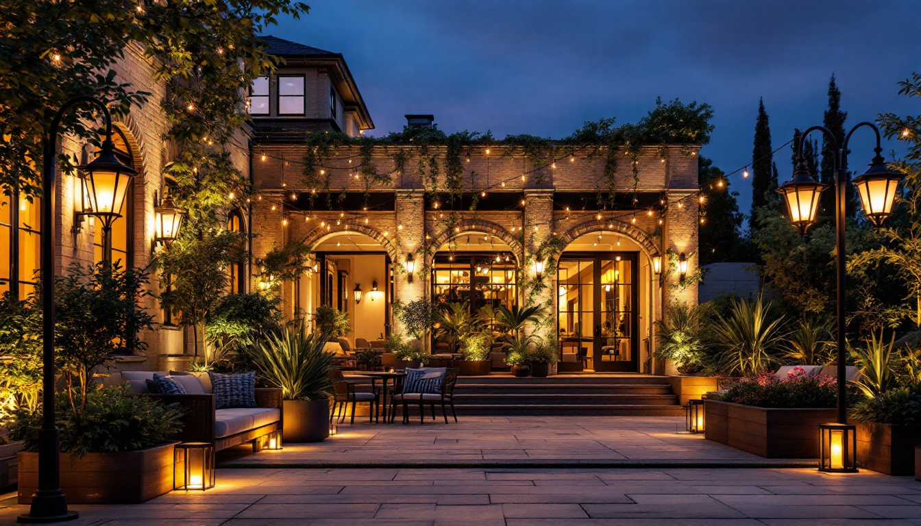A photograph of a beautifully illuminated outdoor space at dusk