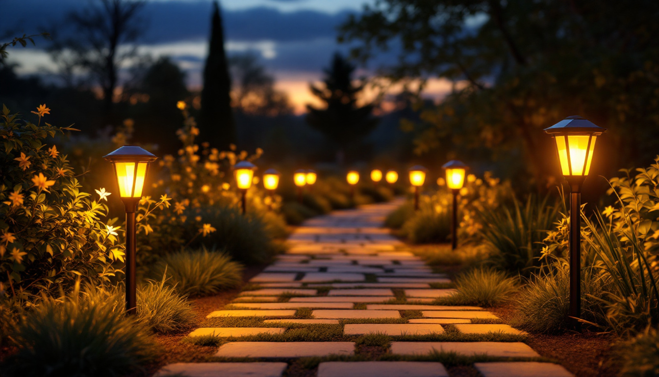 A photograph of a beautifully illuminated pathway lined with solar pathway lights at dusk